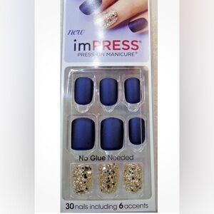 IMPRESS Color NAILS PRESS ON SHORT - Matte Cobolt Blue with Gold Glitter Accents